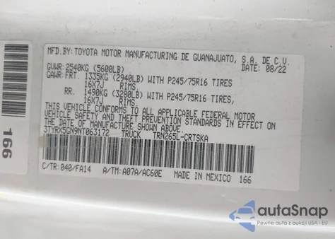 2022 Toyota Tacoma Sr z USA, uszkodzony, nr VIN 3TYRX5GN9NT063172